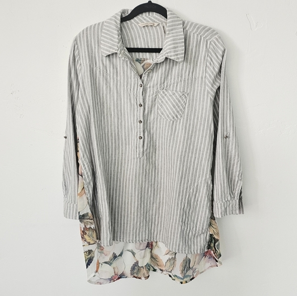 Soft Surroundings Bohemian Striped Floral Pullover Women Collared Shirt Size PXL - Picture 2 of 12